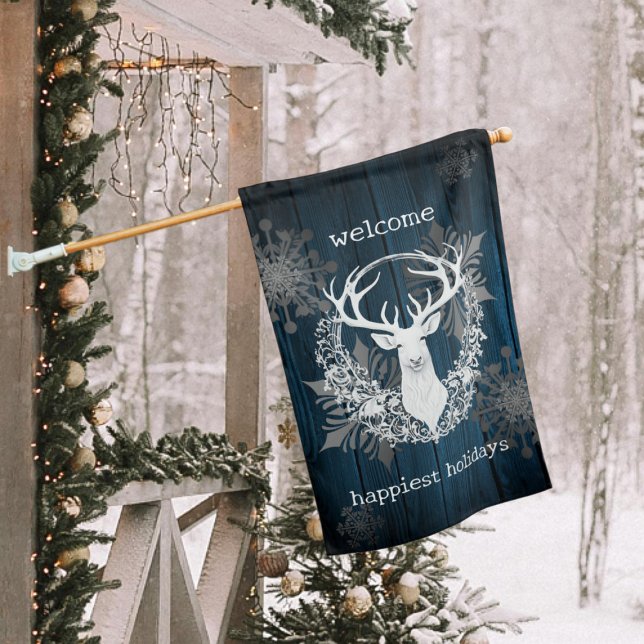 Rustic Watercolor White Reindeer | Blue House Flag (Blue Rustic Watercolor White Reindeer House Flag)