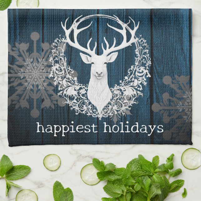 Rustic Watercolor White Reindeer | Blue Kitchen Towel (Folded)
