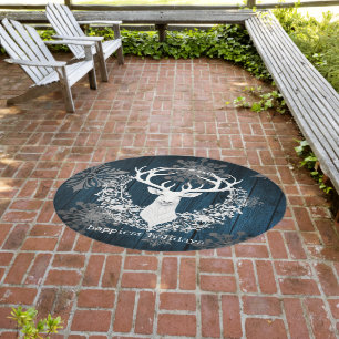 Rustic Watercolor White Reindeer Blue Outdoor Rug