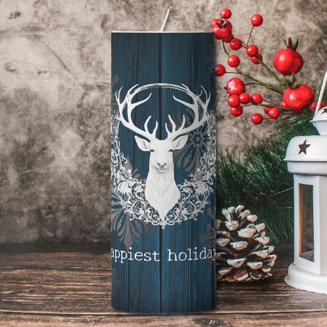 Rustic Watercolor White Reindeer | Blue Pillar Candle (Blue Rustic Watercolor White Reindeer Large Pillar Candle)