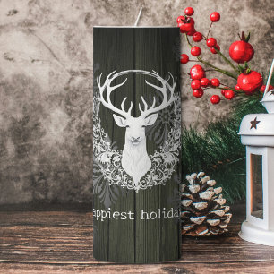 Rustic Watercolor White Reindeer Green Pillar Candle