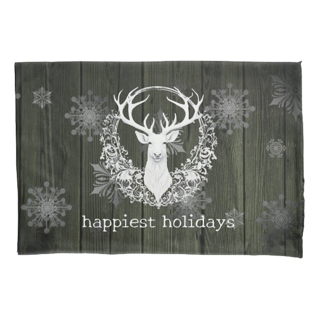 Rustic Watercolor White Reindeer | Green Pillow Case (Front)