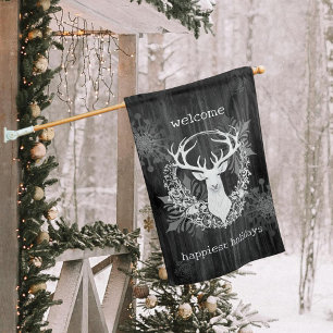 Rustic Watercolor White Reindeer House Flag