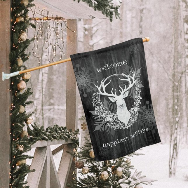 Rustic Watercolor White Reindeer House Flag (Rustic Watercolor White Reindeer House Flag)