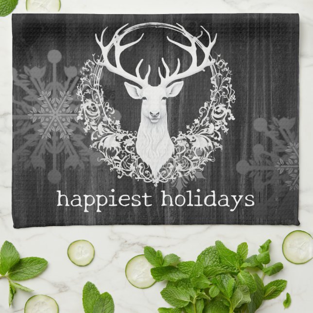 Rustic Watercolor White Reindeer Kitchen Towel (Folded)