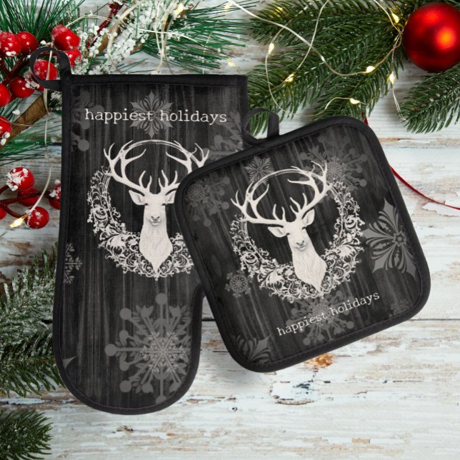 Rustic Watercolor White Reindeer Oven Mitt & Pot Holder Set (Gray Rustic Watercolor White Reindeer Oven Mitt Pot Holder Set)