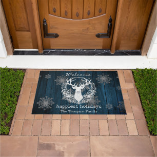 Rustic Watercolor White Reindeer Personalize Blue Doormat