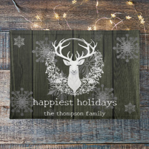 Rustic Watercolor White Reindeer Personalize Green Cloth Placemat