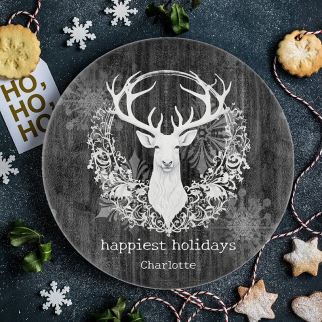 Rustic Watercolor White Reindeer Personalized Cutting Board (Gray Rustic Watercolor White Reindeer Cutting Board)