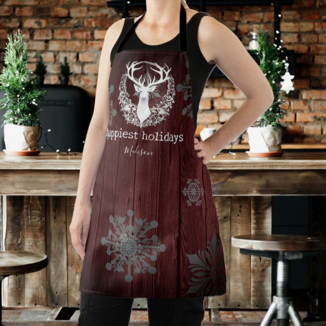 Rustic Watercolor White Reindeer Personalized Red Apron (Red Rustic Watercolor White Reindeer Personalized Apron)
