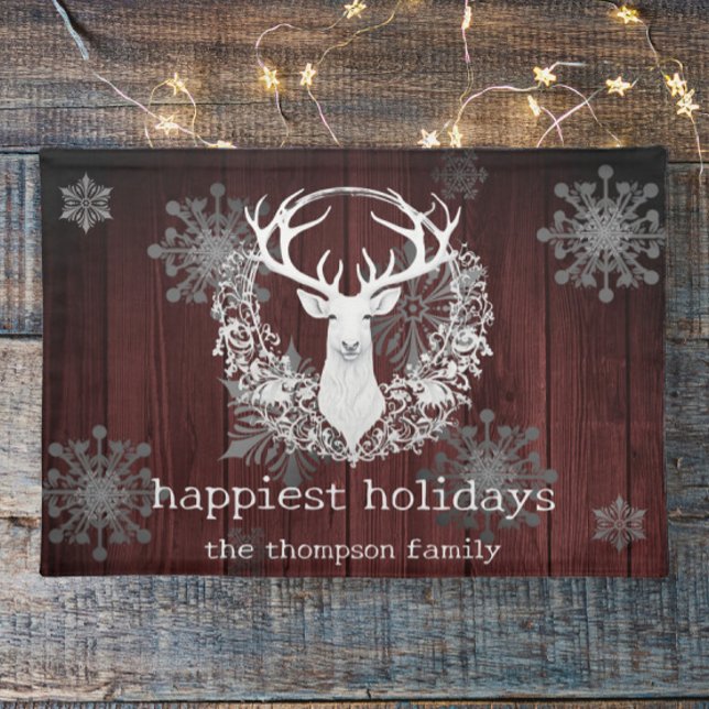 Rustic Watercolor White Reindeer Personalized Red Cloth Placemat (Red Rustic Watercolor White Reindeer Personalized Cloth Placemat)