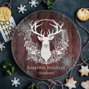Rustic Watercolor White Reindeer Personalized Red Cutting Board