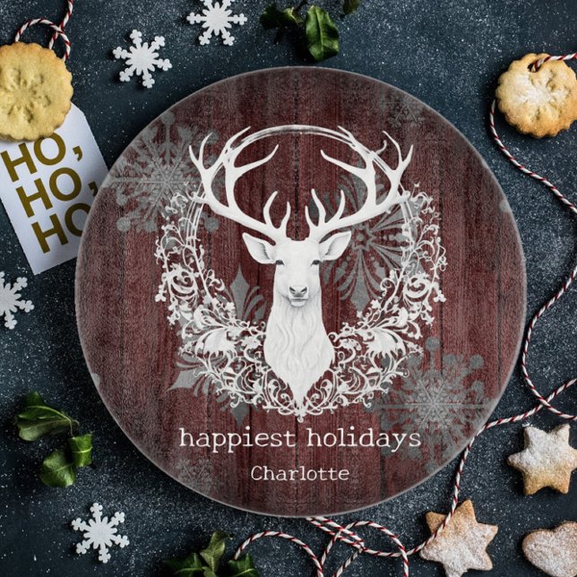 Rustic Watercolor White Reindeer Personalized Red Cutting Board (Red Rustic Watercolor White Reindeer Cutting Board)