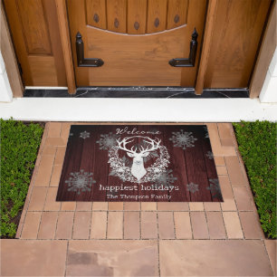 Rustic Watercolor White Reindeer Personalized Red Doormat