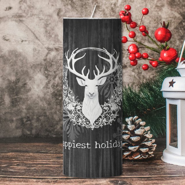 Rustic Watercolor White Reindeer Pillar Candle (Gray Rustic Watercolor White Reindeer Large Pillar Candle)