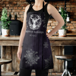 Rustic Watercolor White Reindeer Purple Apron