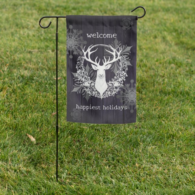 Rustic Watercolor White Reindeer | Purple Garden Flag (In SItu)