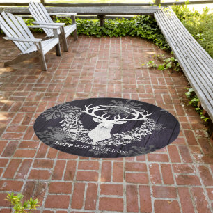 Rustic Watercolor White Reindeer Purple Outdoor Rug