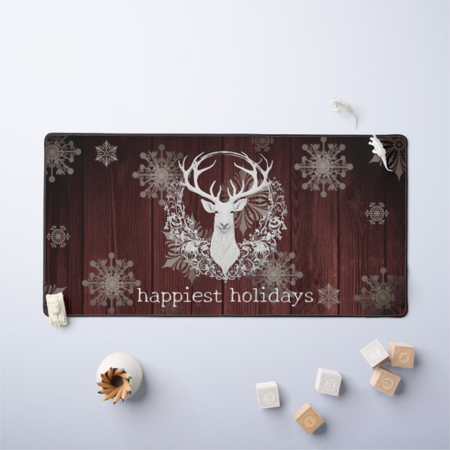 Rustic Watercolor White Reindeer | Red Desk Mat (Kids Table)