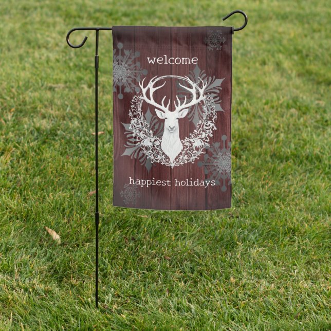 Rustic Watercolor White Reindeer | Red Garden Flag (In SItu)