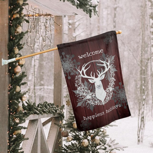 Rustic Watercolor White Reindeer | Red House Flag (Red Rustic Watercolor White Reindeer House Flag)