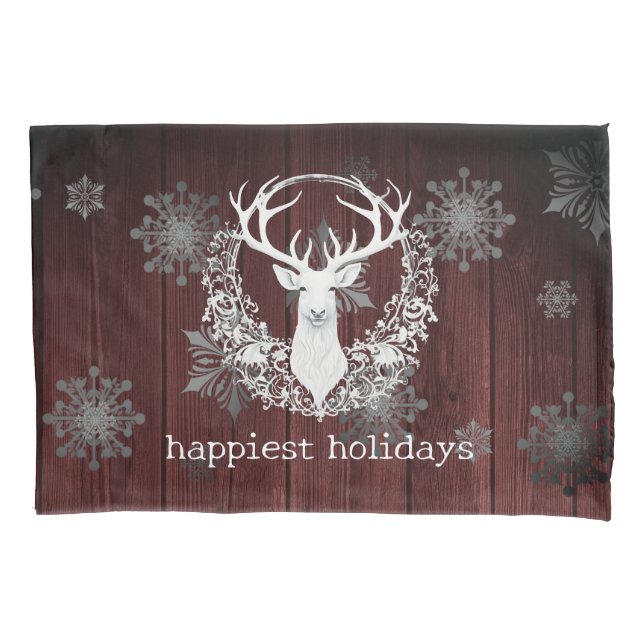 Rustic Watercolor White Reindeer | Red Pillow Case (Front)