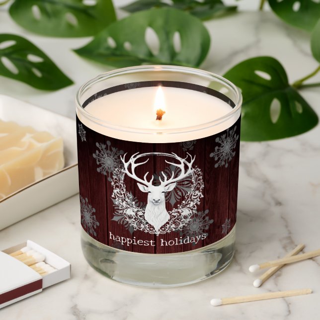Rustic Watercolor White Reindeer | Red Scented Candle (Lit)