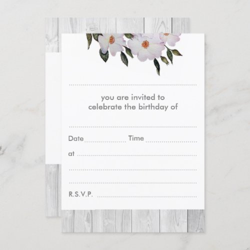 Rustic Watercolor White Roses Birthday Invitation