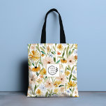 Rustic Watercolor Wild Flowers Logo QR Code Tote Bag<br><div class="desc">Rustic Watercolor Wild Flowers Add Logo QR Code Corporate Tote Bags features a modern watercolor floral pattern in orange, pink, blue and green with your custom business logo with your custom QR Code on the reverse. Perfect for corporate gifts, school, sports, gym, travel and more. Designed by ©2024 Evco Studio...</div>