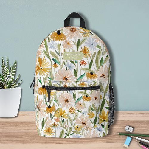 Rustic Watercolor Wild Flowers Personalized Name Printed Backpack