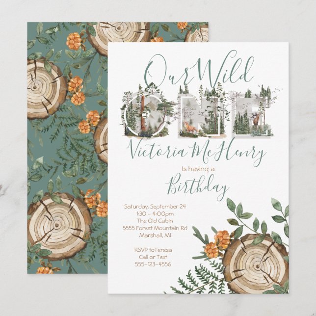 Rustic Watercolor Wild One Birthday Party Invitation (Front/Back)