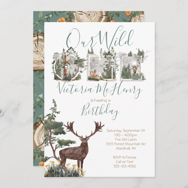 Rustic Watercolor Wild One First Birthday Party Invitation (Front/Back)