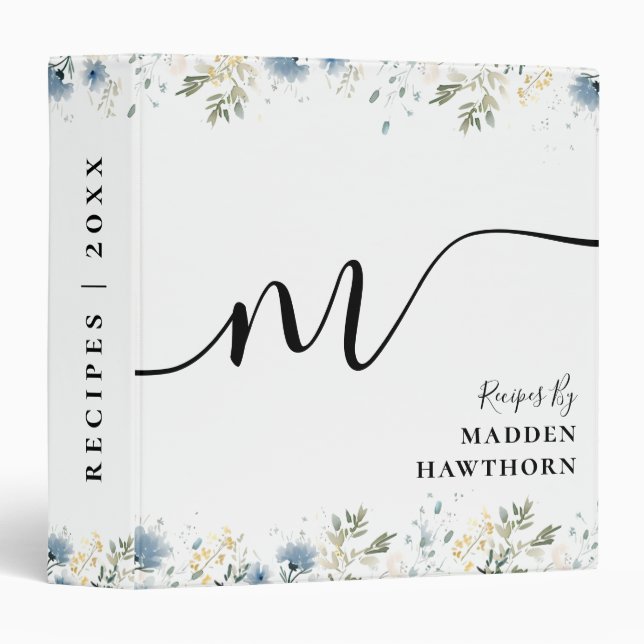 Rustic Watercolor Wildflower Greenery Monogram 3 Ring Binder (Front/Spine)