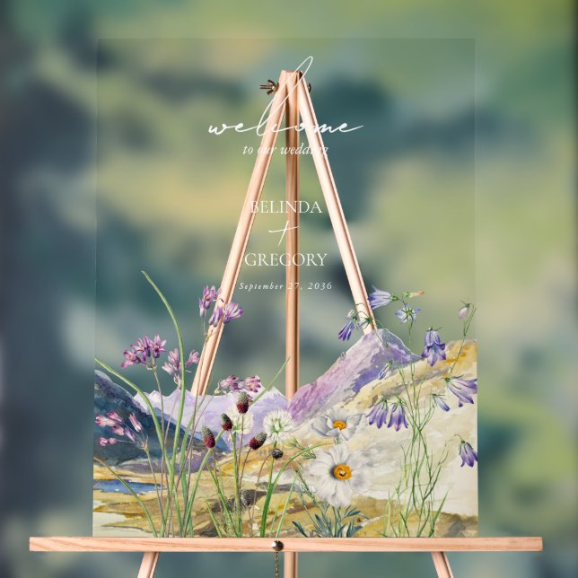 Rustic Watercolor Wildflower Mountain Wedding Acrylic Sign (Neutral)