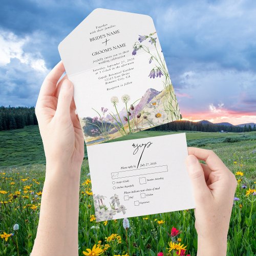 Rustic Watercolor Wildflower Mountain Wedding All In One Invitation