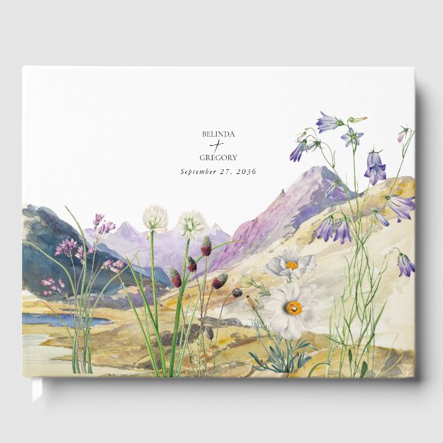 Rustic Watercolor Wildflower Mountain Wedding Guest Book (Front)