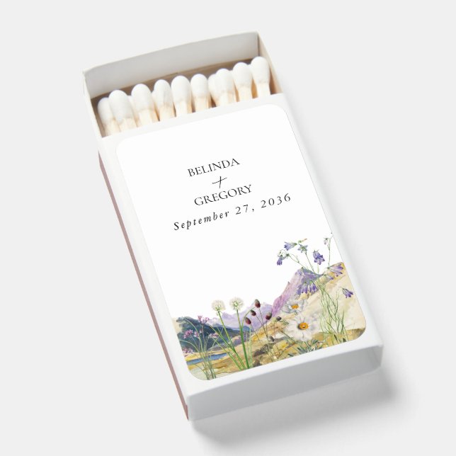 Rustic Watercolor Wildflower Mountain Wedding Matchboxes (Front Open)