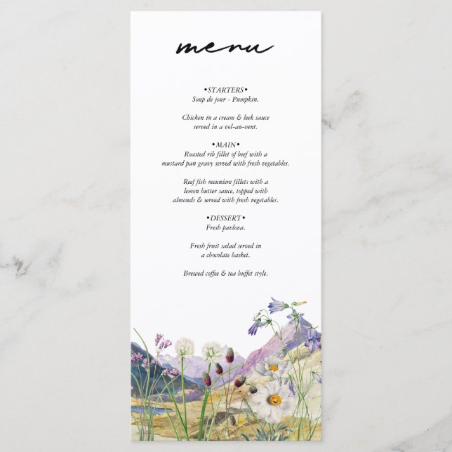 Rustic Watercolor Wildflower Mountain Wedding Menu (Front)