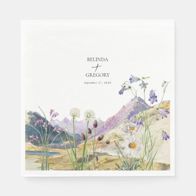 Rustic Watercolor Wildflower Mountain Wedding Napkins (Front)