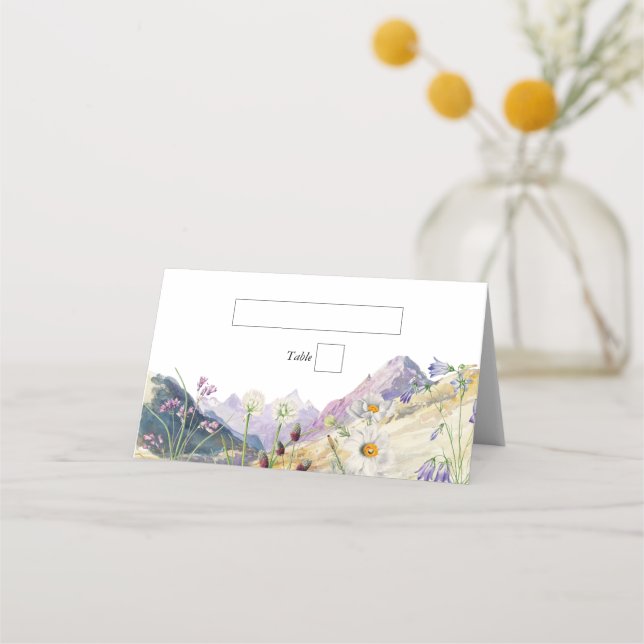 Rustic Watercolor Wildflower Mountain Wedding Place Card (Front)