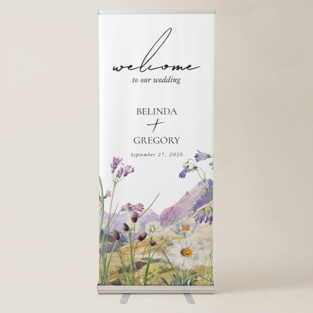 Rustic Watercolor Wildflower Mountain Wedding Retractable Banner (Front)