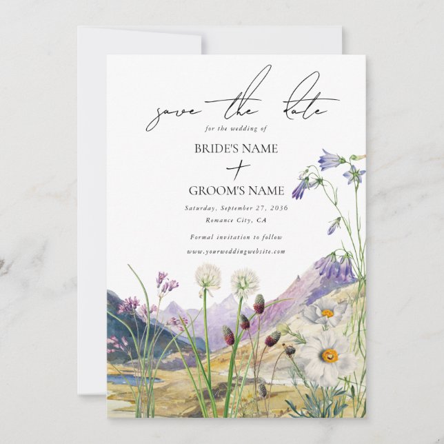 Rustic Watercolor Wildflower Mountain Wedding Save The Date (Front)