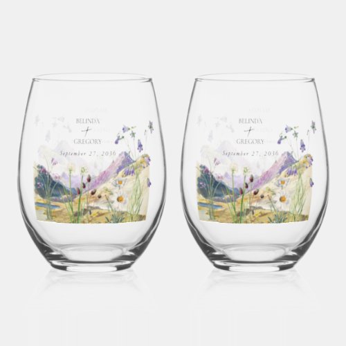 Rustic Watercolor Wildflower Mountain Wedding Stemless Wine Glass