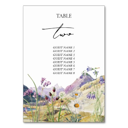 Rustic Watercolor Wildflower Mountain Wedding Table Number