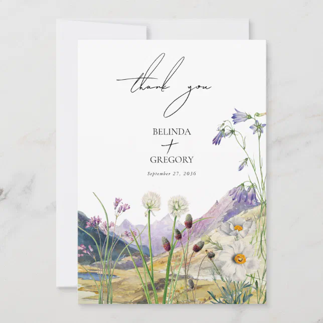 Rustic Watercolor Wildflower Mountain Wedding Thank You Card | Zazzle