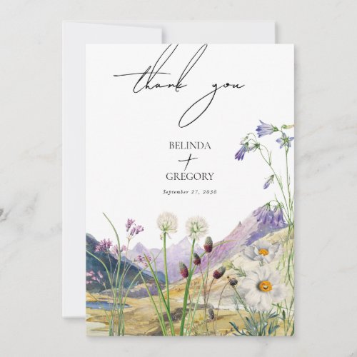 Rustic Watercolor Wildflower Mountain Wedding Thank You Card