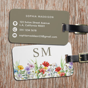 Rustic Watercolor Wildflowers Brown Monogrammed Luggage Tag
