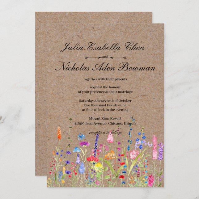 Rustic Watercolor Wildflowers Floral Wedding Invitation (Front/Back)