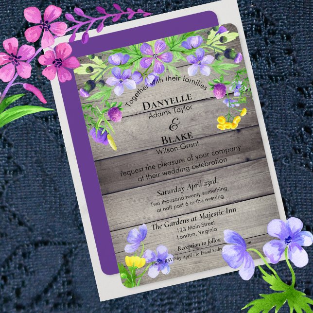 Rustic Watercolor Wildflowers Purple Blue Wedding Invitation (Creator Uploaded)