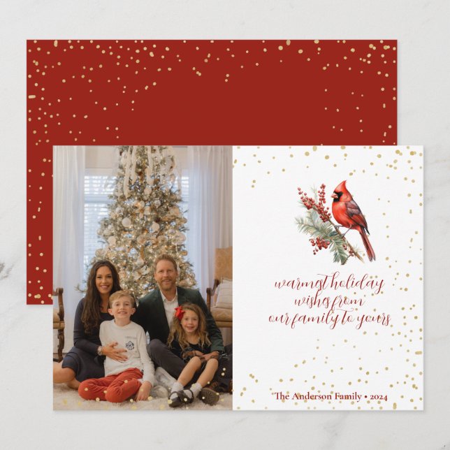 Rustic Watercolor Winter Cardinal Holly Branch Holiday Card (Front/Back)